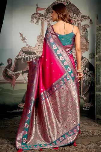 Rani pink soft banarasi silk blend saree with blouse piece