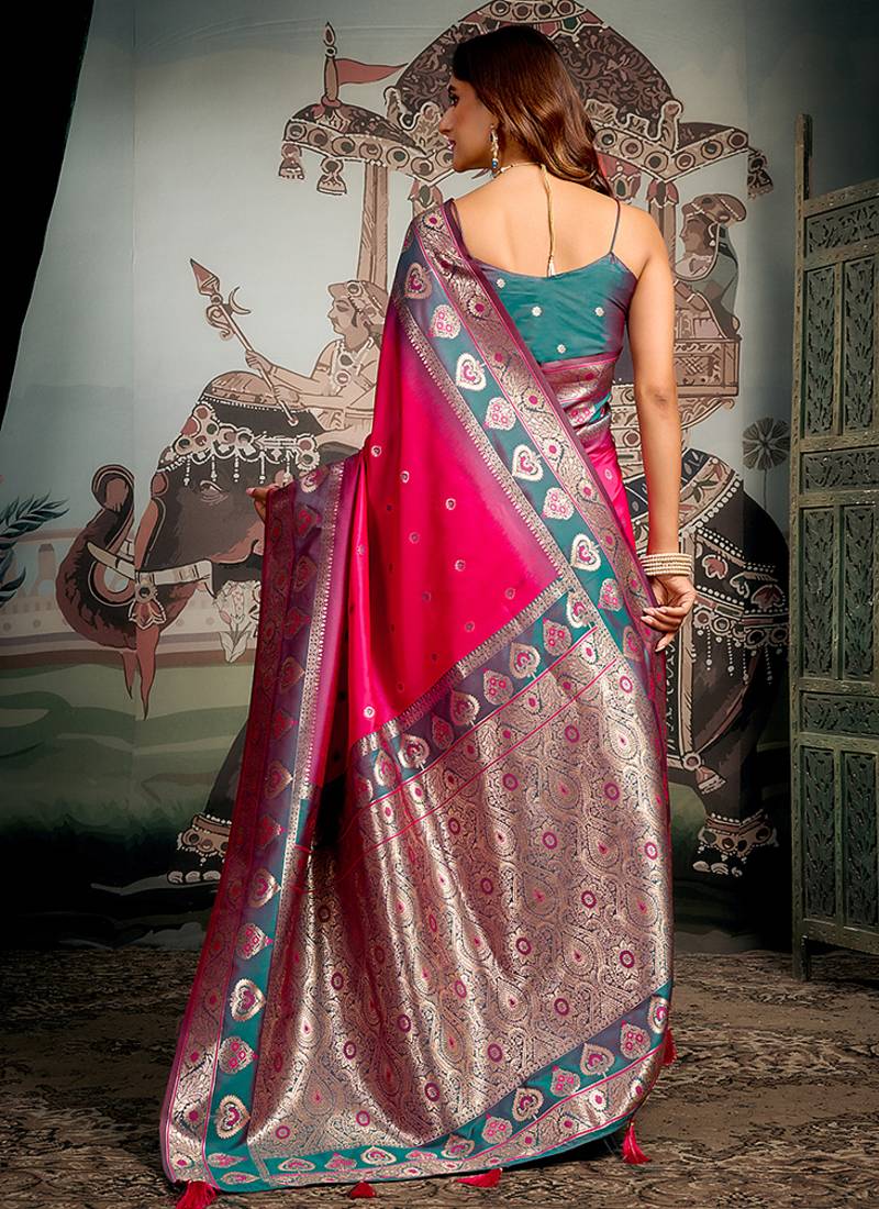 Rani pink soft banarasi silk blend saree with blouse piece