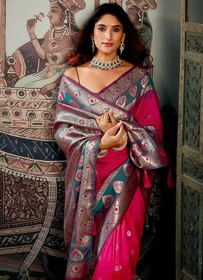 Rani pink soft banarasi silk blend saree with blouse piece 4