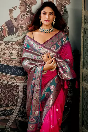 Rani pink soft banarasi silk blend saree with blouse piece