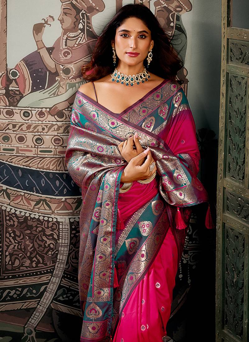 Rani pink soft banarasi silk blend saree with blouse piece