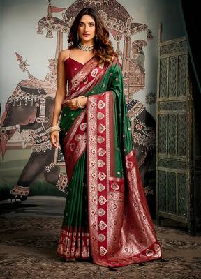 Dark green soft banarasi silk blend saree with blouse piece 1