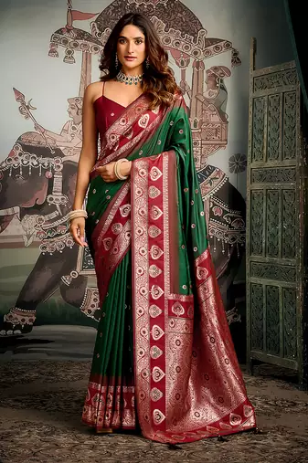 Dark green soft banarasi silk blend saree with blouse piece