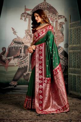 Dark green soft banarasi silk blend saree with blouse piece 2
