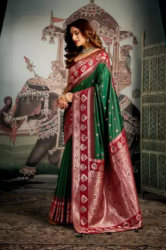 Dark green soft banarasi silk blend saree with blouse piece
