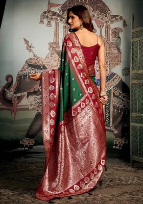 Dark green soft banarasi silk blend saree with blouse piece 3