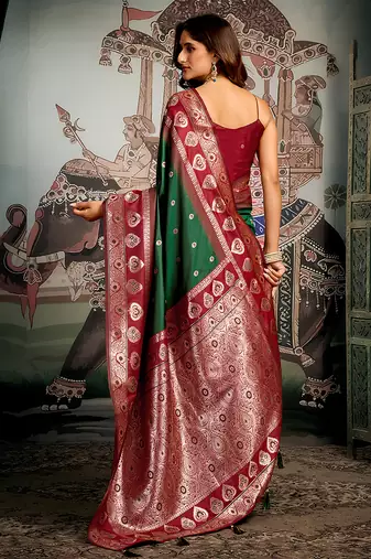 Dark green soft banarasi silk blend saree with blouse piece