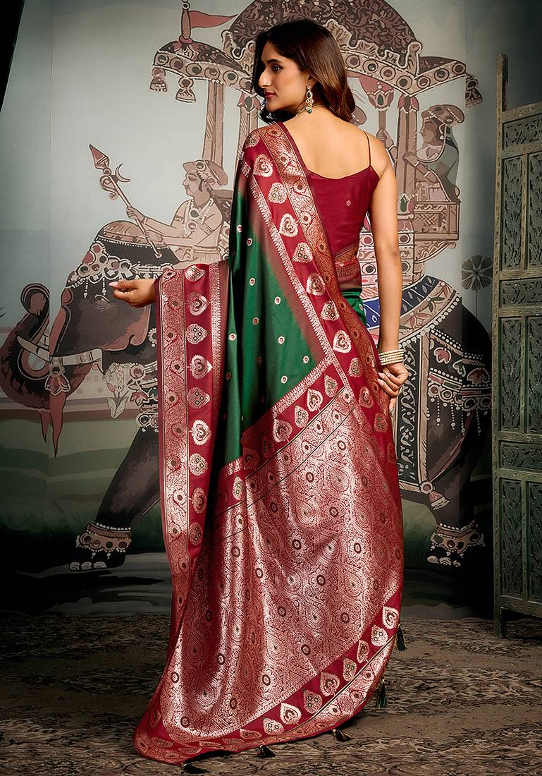 Dark green soft banarasi silk blend saree with blouse piece