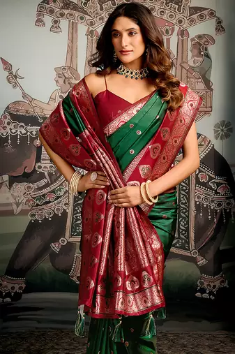 Dark green soft banarasi silk blend saree with blouse piece