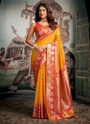 Mustard soft banarasi silk blend saree with blouse piece 1