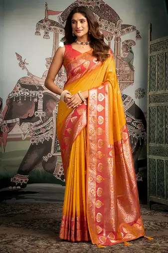 Mustard soft banarasi silk blend saree with blouse piece