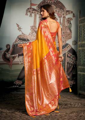 Mustard soft banarasi silk blend saree with blouse piece 3