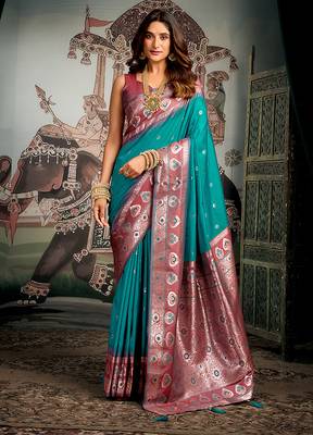 Teal blue soft banarasi silk blend saree with blouse piece 1