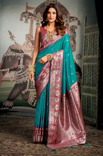 Teal blue soft banarasi silk blend saree with blouse piece