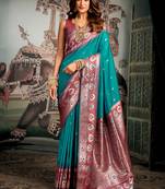 Teal blue soft banarasi silk blend saree with blouse piece
