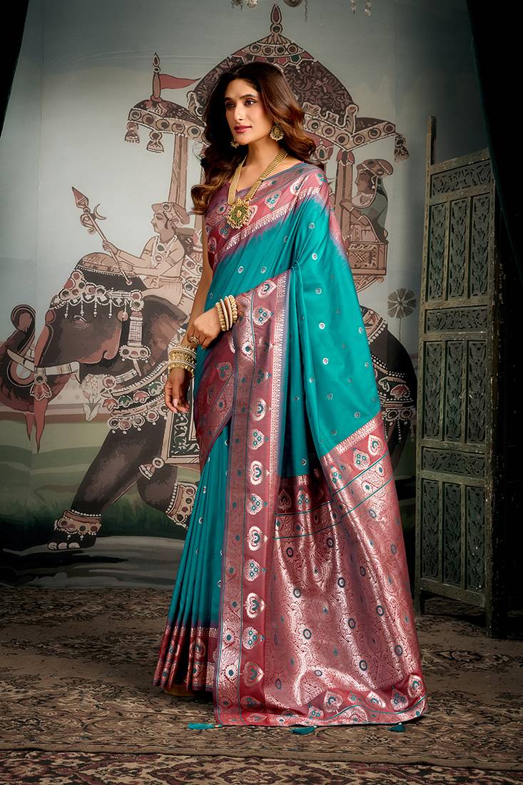 Teal blue soft banarasi silk blend saree with blouse piece