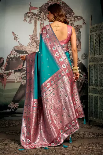 Teal blue soft banarasi silk blend saree with blouse piece