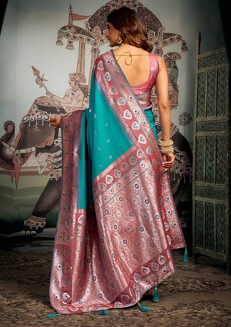 Teal blue soft banarasi silk blend saree with blouse piece