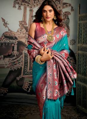 Teal blue soft banarasi silk blend saree with blouse piece 4