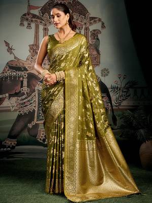 Olive green woven soft kanjivaram style silk blend saree for wedding 1