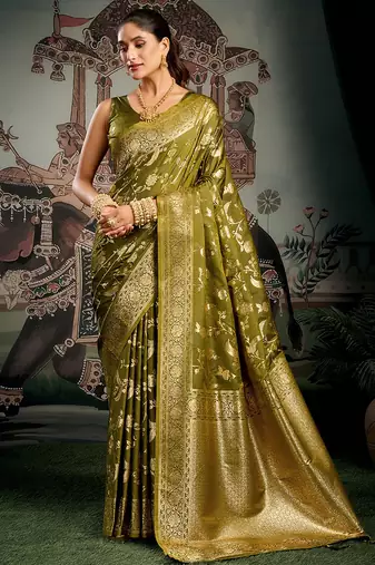Olive green woven soft kanjivaram style silk blend saree for wedding