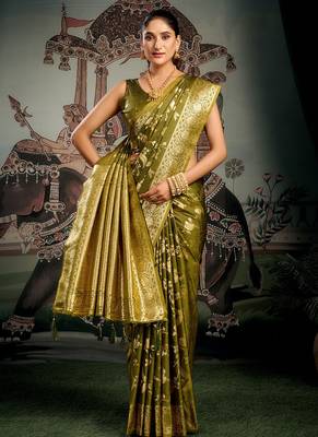 Olive green woven soft kanjivaram style silk blend saree for wedding 2