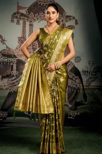 Olive green woven soft kanjivaram style silk blend saree for wedding