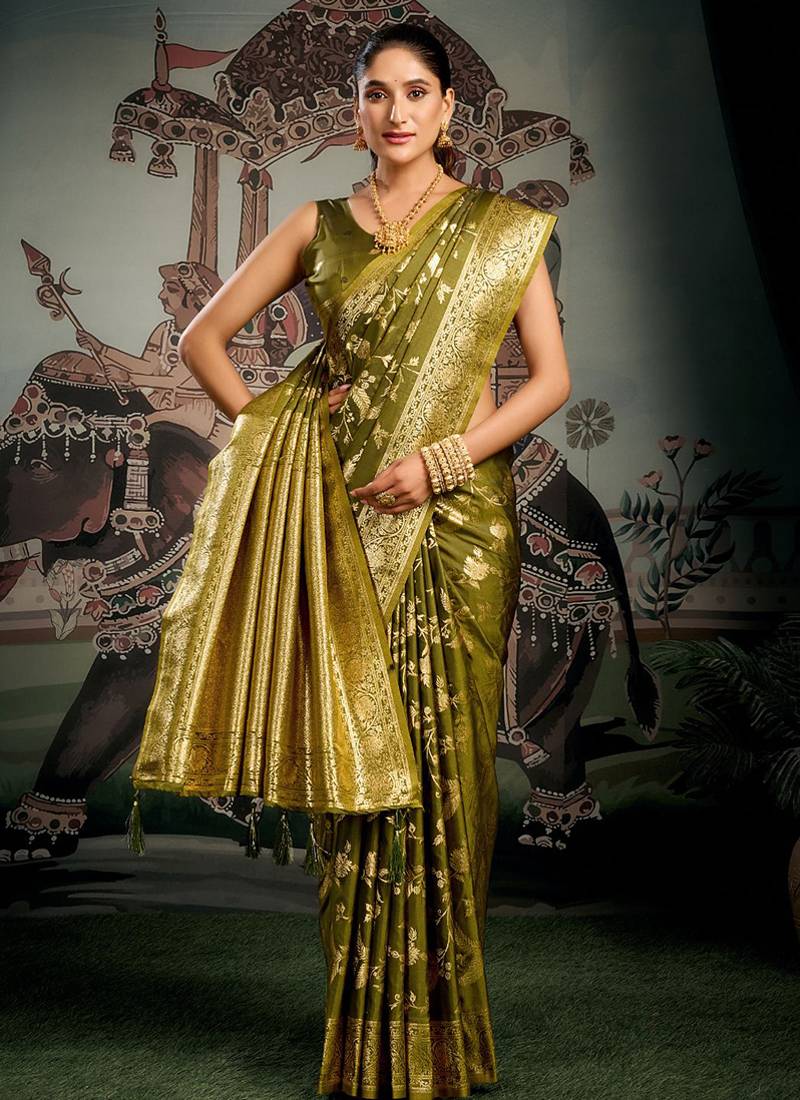 Olive green woven soft kanjivaram style silk blend saree for wedding