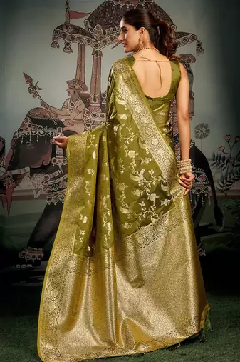 Olive green woven soft kanjivaram style silk blend saree for wedding