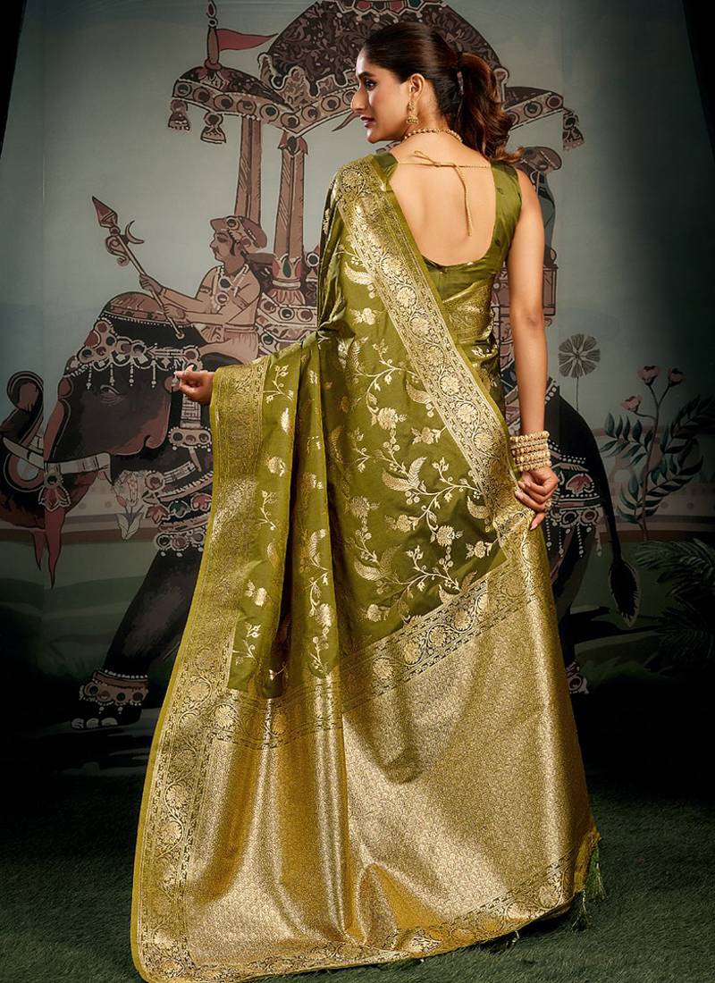Olive green woven soft kanjivaram style silk blend saree for wedding