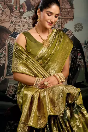 Olive green woven soft kanjivaram style silk blend saree for wedding