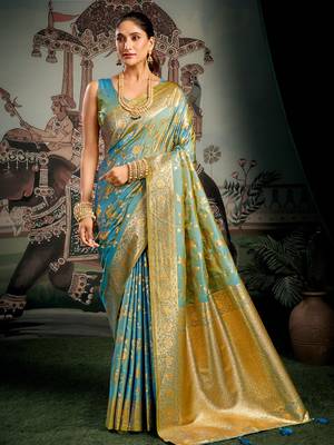 Turquoise woven soft kanjivaram style silk blend saree for wedding 1