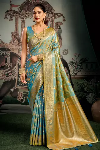 Turquoise woven soft kanjivaram style silk blend saree for wedding