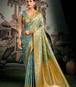 Turquoise woven soft kanjivaram style silk blend saree for wedding