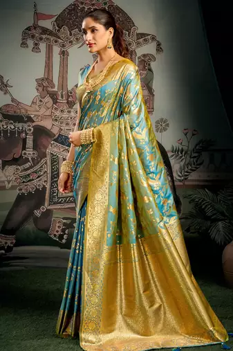 Turquoise woven soft kanjivaram style silk blend saree for wedding