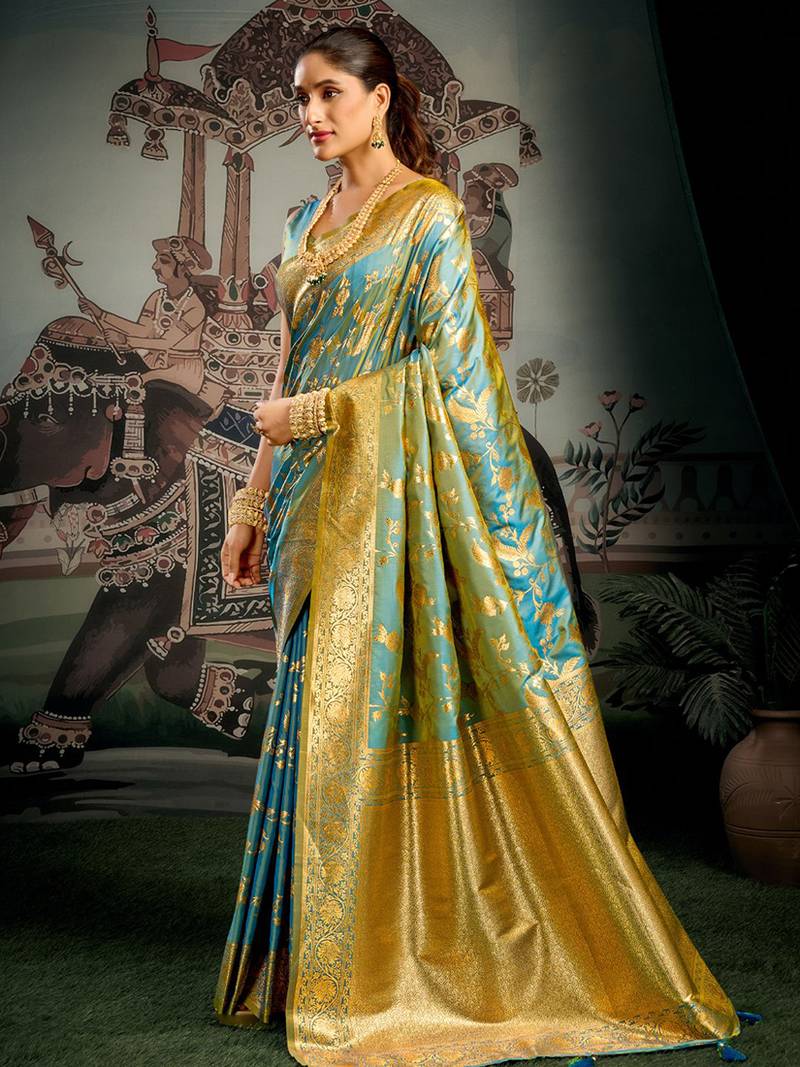 Turquoise woven soft kanjivaram style silk blend saree for wedding