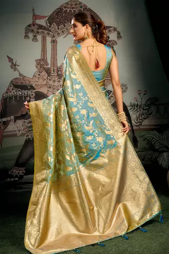 Turquoise woven soft kanjivaram style silk blend saree for wedding
