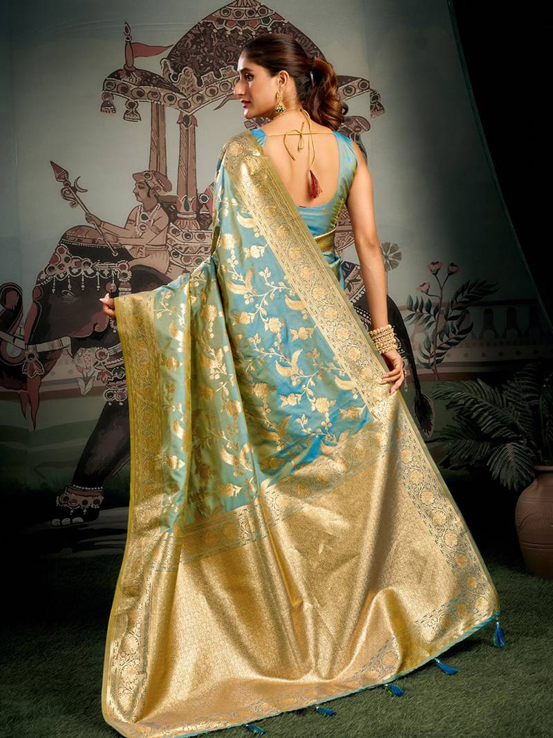 Turquoise woven soft kanjivaram style silk blend saree for wedding