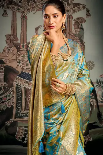 Turquoise woven soft kanjivaram style silk blend saree for wedding