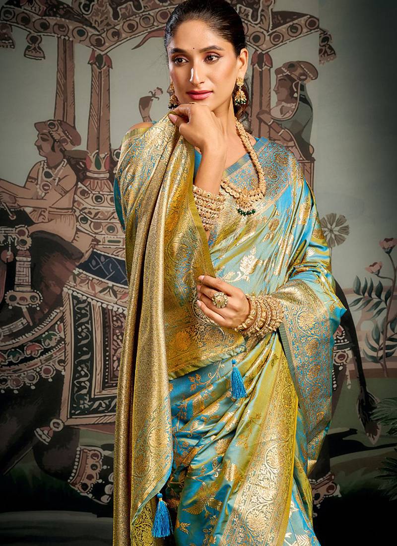 Turquoise woven soft kanjivaram style silk blend saree for wedding