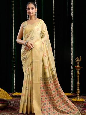 Cream handloom cotton blend geometric threadwork saree with blouse piece 1