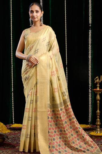Cream handloom cotton blend geometric threadwork saree with blouse piece