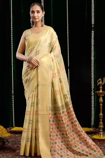 Cream handloom cotton blend geometric threadwork saree with blouse piece