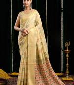 Cream handloom cotton blend geometric threadwork saree with blouse piece