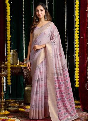 Lavender handloom cotton blend geometric threadwork saree with blouse piece 1
