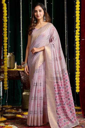 Lavender handloom cotton blend geometric threadwork saree with blouse piece