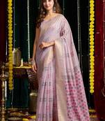 Lavender handloom cotton blend geometric threadwork saree with blouse piece