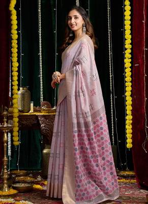 Lavender handloom cotton blend geometric threadwork saree with blouse piece 2