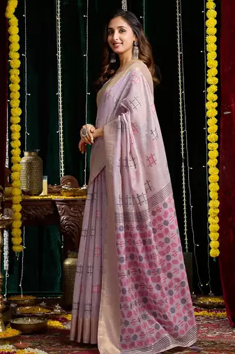 Lavender handloom cotton blend geometric threadwork saree with blouse piece