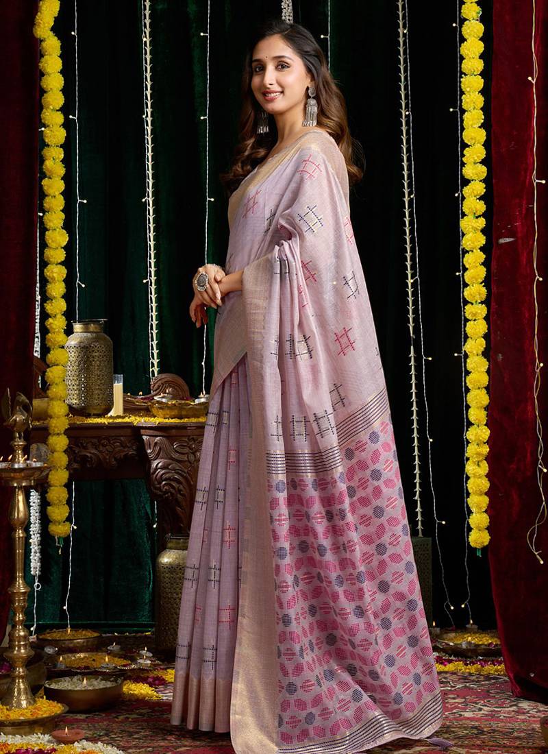 Lavender handloom cotton blend geometric threadwork saree with blouse piece